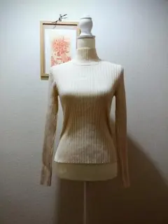 アイボリー リブ編み 長袖 ハイネックセーター
