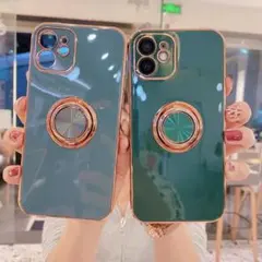 リング付きケース iPhone13 グリーン　スマホスタンド スマホリング