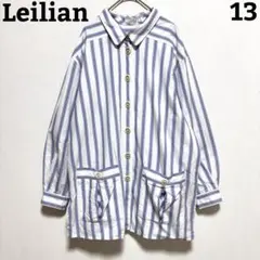 Leilian 長袖シャツ ホワイト ブルー 13 ストライプ柄 大きいサイズ