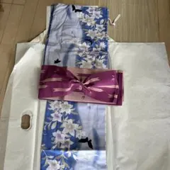 浴衣・帯セット 青い花柄と紫・ピンク