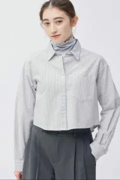 GU ジーユー♡オックスフォードストライプショートシャツ［長袖］XS グレー