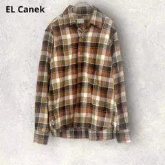 エルカネック　チェック柄　長袖ネルシャツ　S 日本製　カジュアル　ブラウン系