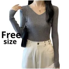 新品美品❤️リブニット Vネック セーター レディース フリーサイズ　グレー