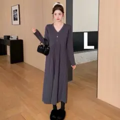 ニットワンピース　Vネック　プリーツ　可愛い　上品　シック　韓国