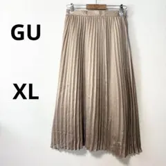 【美品】ジーユーXL プリーツロングスカート　ベージュ　ウエストバックゴム　光沢