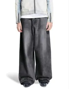バギーデニム　ワイドパンツ　ブラック　ヴィンテージ加工