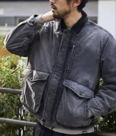 襟コーデュロイ切り替え コットンナイロンブルゾン/ヴィンテージ加工