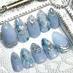 くすみブルー×マーブル×シェル×ホロ×シルバーミラー×ニュアンスネイルチップ