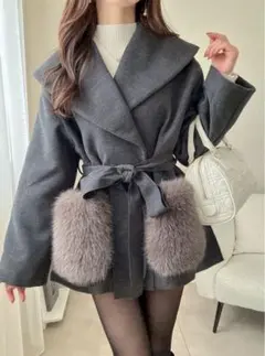 【新品未使用】GRL／グレイル リボンベルト付きファーポケットガウンコート