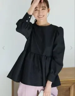 Fifth ふくれジャガードペプラムブラウス　チュニックシャツ　黒