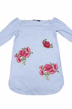 ZARA WOMAN 刺繍ストライプチュニック 花柄トップス ブルー S 春服