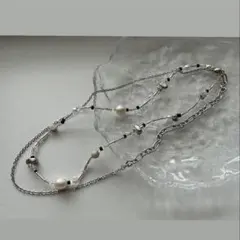 【現品限り】2連シルバーチェーンガラスビーズネックレス　淡水パール　ターコイズ