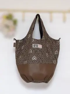 ハンドメイド商品　ハート柄ブラウン系ふっくら可愛い手提げバッグ