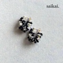 [1045]チェコガラスのつぶつぶフープピアス クリア ブラック ハンドメイド