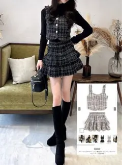 ツイードビスチェ×インパン裏地付きフレアミニスカートセットアップ[pp253]