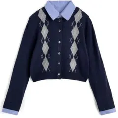 2Wayアーガイル柄シャツレイヤード風ニットカーディガン[lt143]