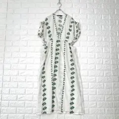 ザラ/L/白/緑花柄/ロングワンピース/半袖/Vネック/薄手/春夏/カジュアル