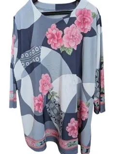 新品　チュニック 花柄七分袖 グレーΧピンク 花柄幾何学模様