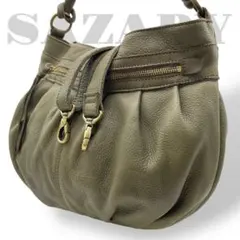 美品　A4収納　サザビー　2way ショルダーバッグ　レザー　本革　緑　カーキ