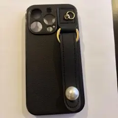 ブラックレザー風iPhoneケース パールストラップ付き