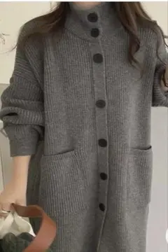 レディース　ハイネックロングニットカーディガン グレー