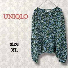 ユニクロ【XL】プリントVネックブラウス 大きめ 小花柄 ノーカラー カジュアル
