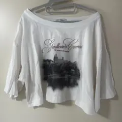 JEANASIS ボートネックプリントTシャツ　M ショート丈ホワイト