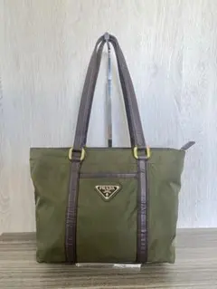 PRADA ハンドバッグ　テスートナイロン　三角ロゴプレート　カーキ　ブラウン