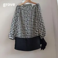 grove ハウンドトゥース柄 千鳥格子 ウサギ柄 七分袖シャツ ブラウス 秋