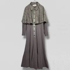レース付きロングワンピース　マキシ丈　ケープ風　上品　ゆったり　レディース