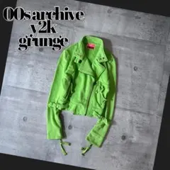 00s スウェット ライダース ブルゾン 短丈 蛍光 黄緑 y2k 平成ギャル