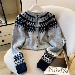 新品♪求心柄クロップドニットカーディガン グレー