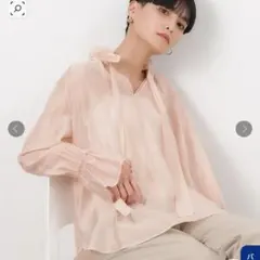 オペークドットクリップ　シアーフリルボウタイブラウス　M　ピンク