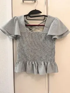 ブルーグレー　チェック フリル　半袖トップス　dazzlinのサムネイル