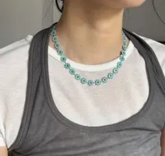 花　モチーフ ネックレス 水色 緑色　フラワー　アクセサリー　レディース