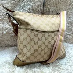 【美品】グッチ ショルダーバッグ ベージュ ブラウン ピンク キャンバス GG柄