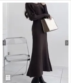 GRL ボリュームスリーブリブニットフレアワンピース ブラウン