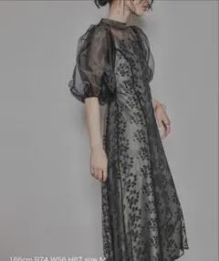 美品M【niana ニアナ チュールパフスリーブ刺繍レースドレス】ブラック