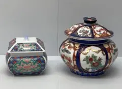 有田焼 蓋付き器 2点セット 哲山作 角型 秀峰作丸型 古伊万里様式 錦松梅のサムネイル