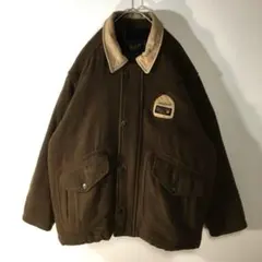 【個性派古着】アウター　ハーフコート　襟本革　茶色　裏地チェック柄　メンズM