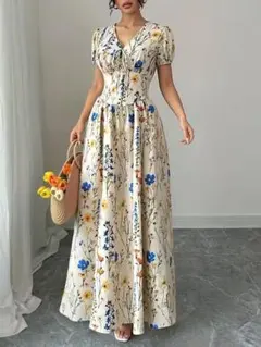 花柄ワンピース S　アプリコット　ロングワンピ　マキシ丈　夏　海　リゾート　花柄