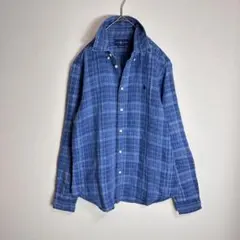 リネン100⭐️ラルフローレン　長袖シャツ　BDシャツ　洗える　チェック　青　L