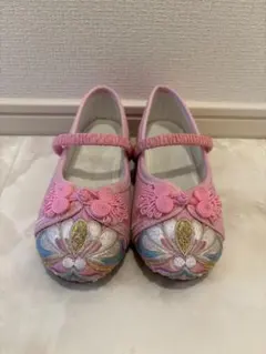 七五三 和装スリッポン ピンク 花の刺繍 キッズシューズ