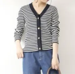 スピック＆スパン リブボーダー Vネックカーディガン 予備ボタン付