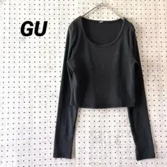 ジーユー リブカットソー クロップド丈 深Uネック（M）ブラック ストレッチ素材