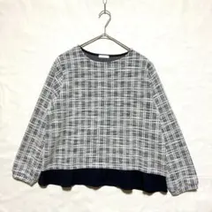 ○グラシア 大きいサイズ ツイード調 切替プルオーバー LL ネイビー 白のサムネイル