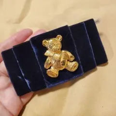 昭和レトロ ビロード 紺色 ネイビー ゴールド テディベア バレッタ