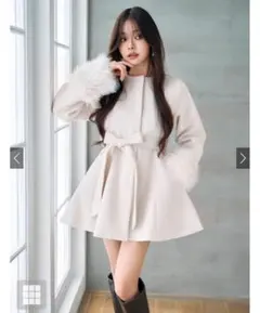 ファーティペット&リボンベルト付きフレアコート[ze931]