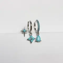 シルバー 3ピースセット 花 雫 太陽 ターコイズブルー ハワイアンジュエリー