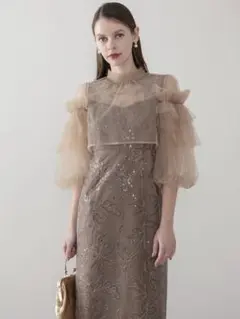 フリルチュールスパンコールフローラルIラインワンピースドレス結婚式パーティー